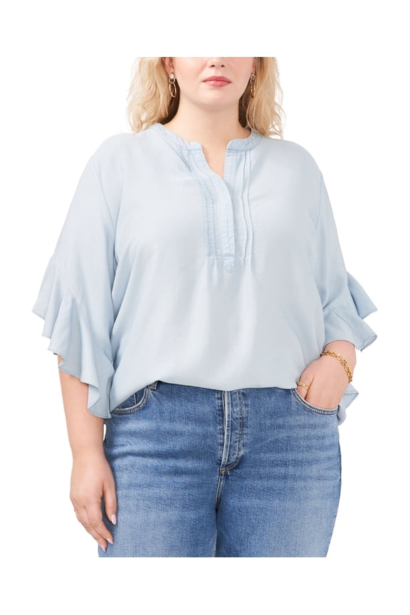 Plus Size Split Neck Ruffle Sleeve Top Arctic Surf 3X