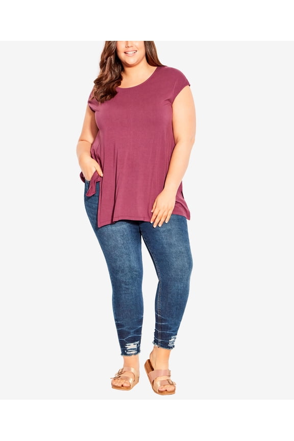Plus Size Split Side Plain Top Magenta Plum 26W-28W