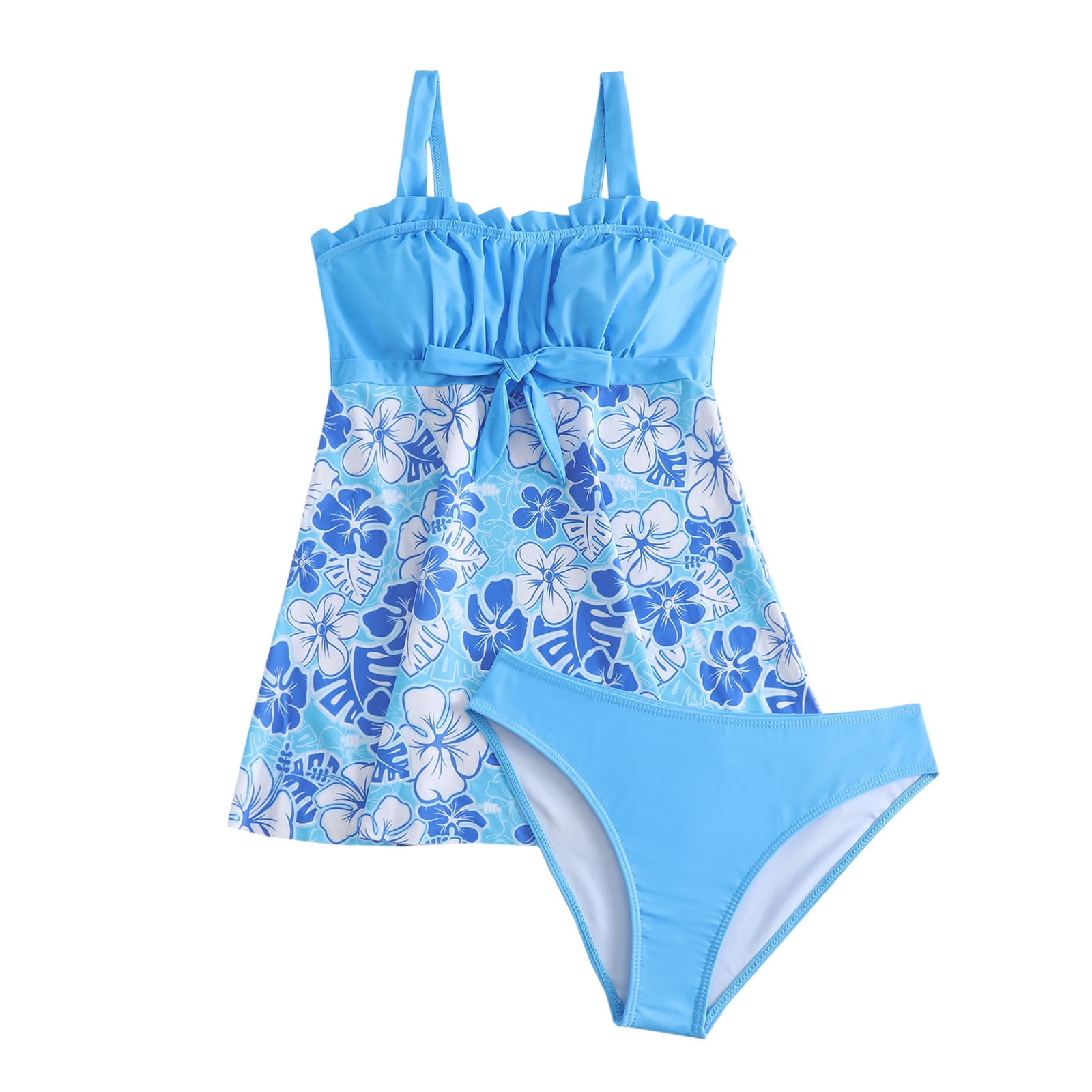 Plus Size Split Tankini Swimsuit for Women Floral Print Ruffled Front Chest Padded Flowy Swim Dress Cute Junior Girls 2 Piece Bathing Suit Sky Blue XXXXXL Walmart