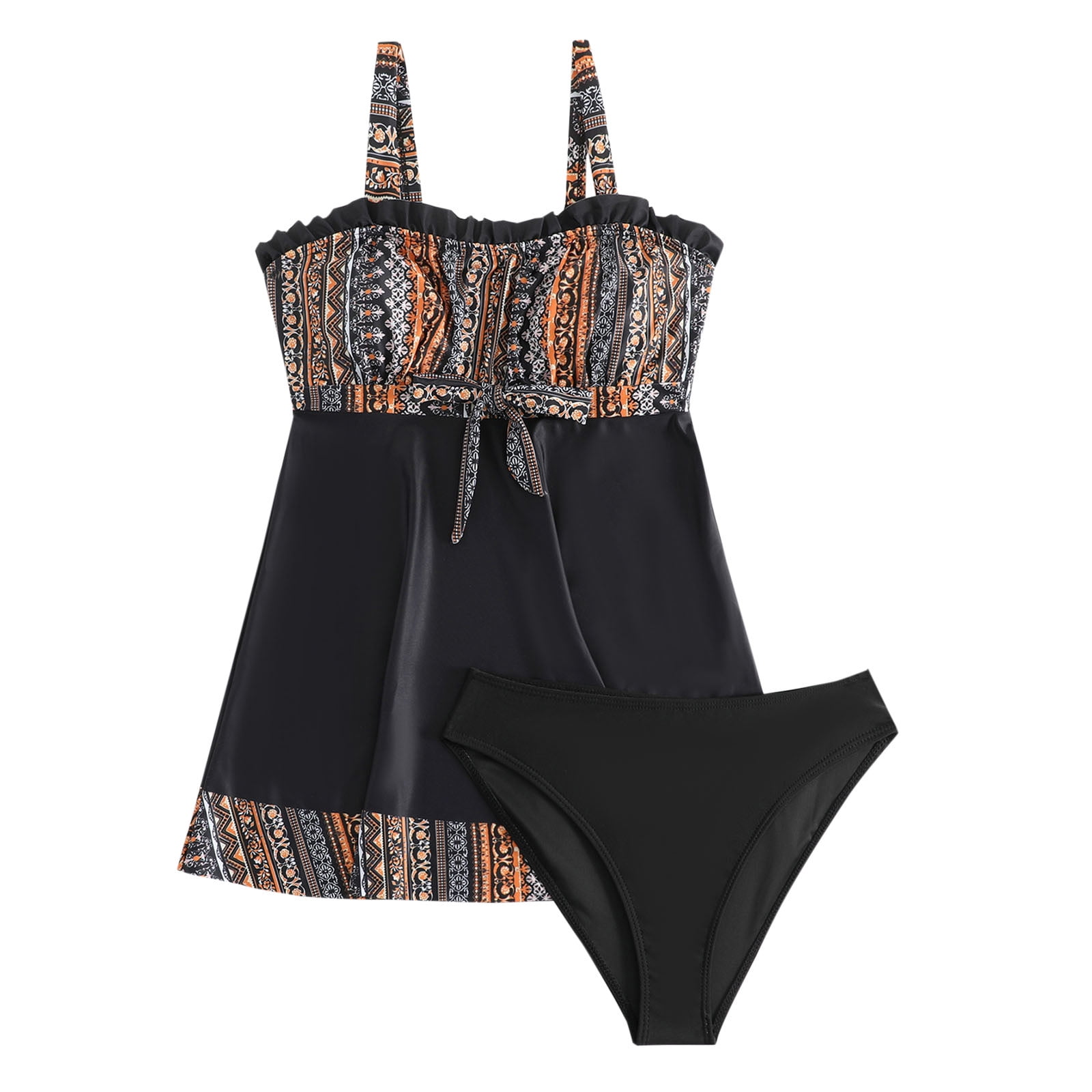Plus Size Split Tankini Swimsuit for Women Floral Print Ruffled Front ...