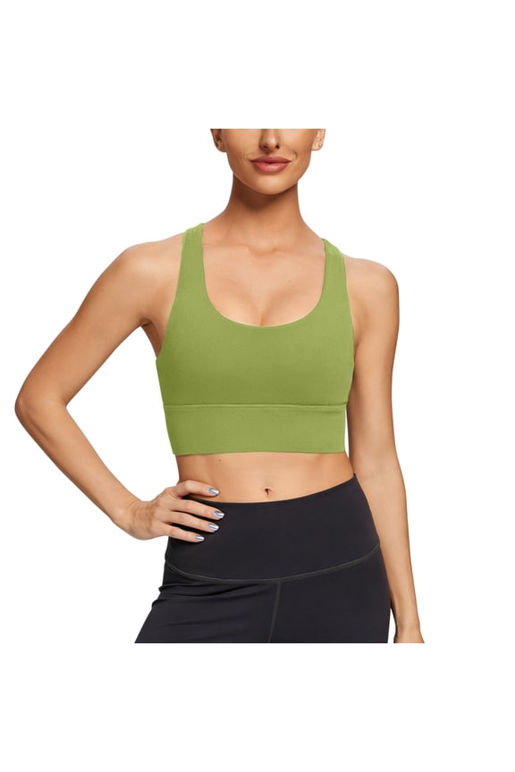 Plus Size Sport Bra Womens Cross-Back Longline Padded Yoga Tank Top Scoop Neck Sleeveless Soft Gym Clothes (XL, Green)