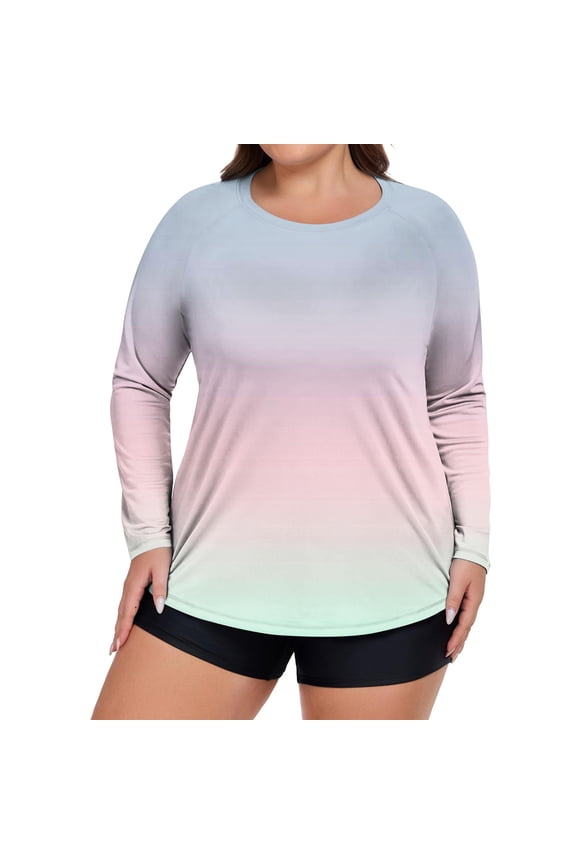 Plus Size Sport Sunscreen Top For Women Summer Sunscreen Quick-drying Long-sleeved T-shirt Round Neck Solid Color Lightweight Breathable Tee Outdoor Hiking Pullover Tops