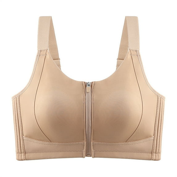 Plus Size Sports Bras for Women Adjustable Strap Full Coverage Bra Zip Front Lift Padded Yoga Gym Running Underwear (L, Beige)