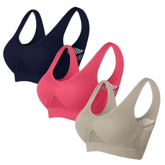Plus Size Sports Bras for Women S-5X 3 Pack Breathable Push Up Bralettes No Underwire Stretchy Pullover Lightweight Athletic Workout Underwear Bra