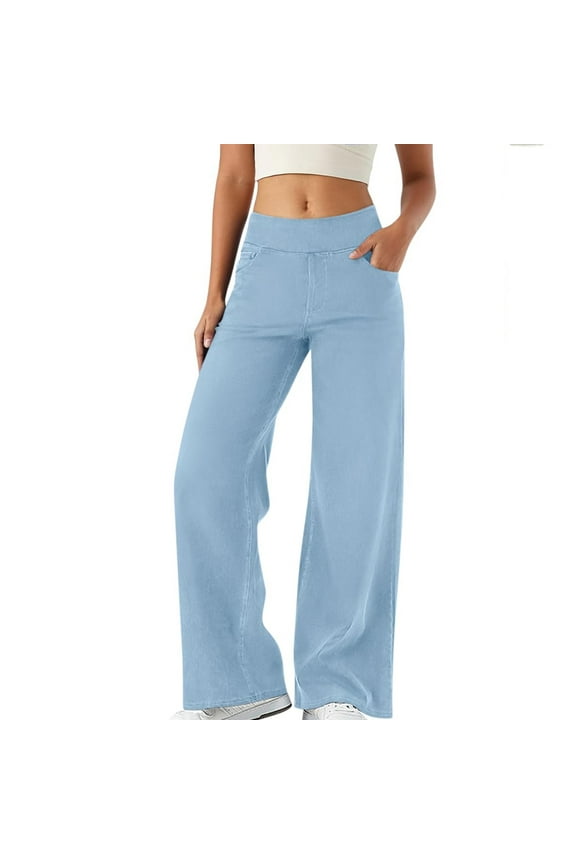 Plus Size Spring Clothes for Women Womens Pants 14 Tall Mod Mom High Jean Pants for Women Denim Knit Jean Woman Women's Jeans Stretch Waist Skinny Denim Waist Flared Belt Pocket Wide Leg Stretc Blue L