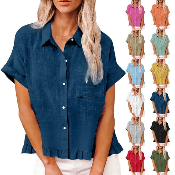 Plus Size Spring Clothes for Women Fashion Spring Clothing Fabric Solid Color Front Pocket Hem Fringe Short Sleeve Flared Collar Top
