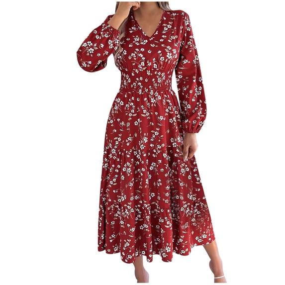 Plus Size Spring Clothes for Women Flowers Print V-Neck Long Sleeves Ruffles Dress Flowy Elegant Holiday Party Maxi Dress with Pockets