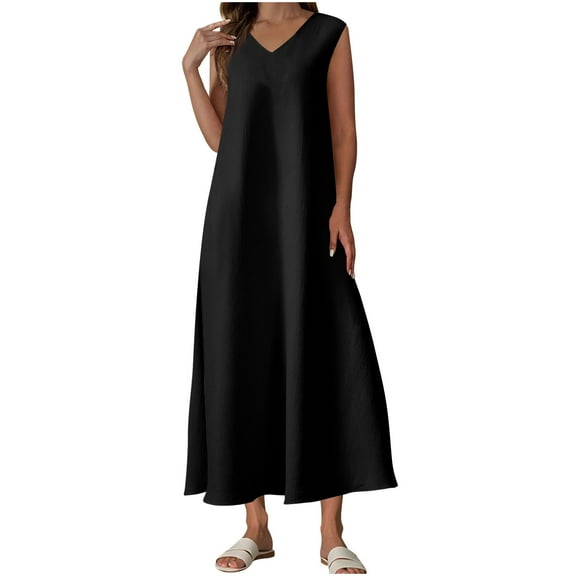 Plus Size Spring Clothes for Women Texture Sleeveless Seaside Dress Sleeveless V-neck Dress Loose Flowy Beach Sundress