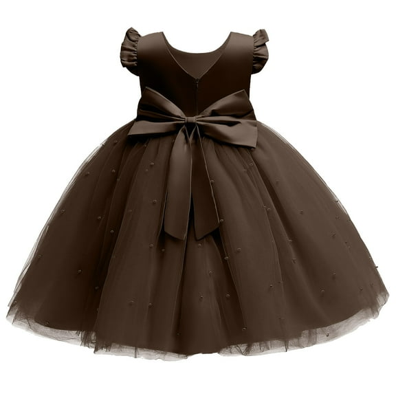 Plus Size Spring Girls Dresses Size 10-12 Formal Ruffle Sleeve Flower Girl Dresses for Wedding Tulle Satin Dress Crewneck Princess Dress Up for Girls 4-6 Elegant Birthday Dress,Coffee 3-4 Years