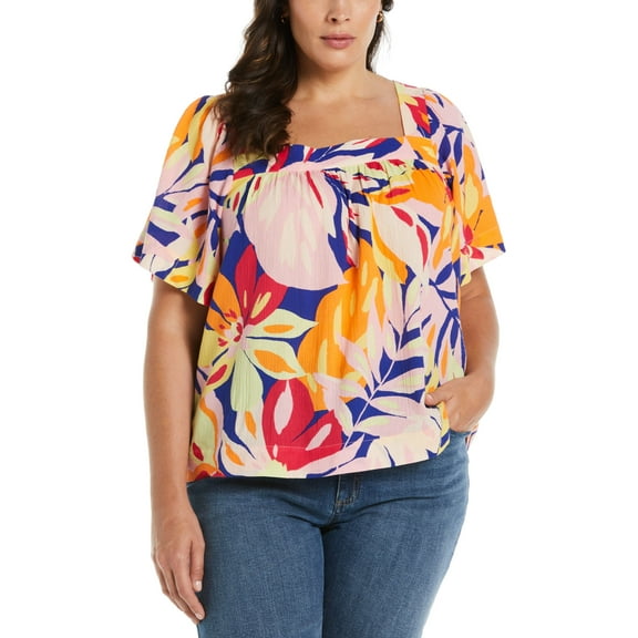 Plus Size Square Neck Flare Sleeve Top Clematis Blue 2X