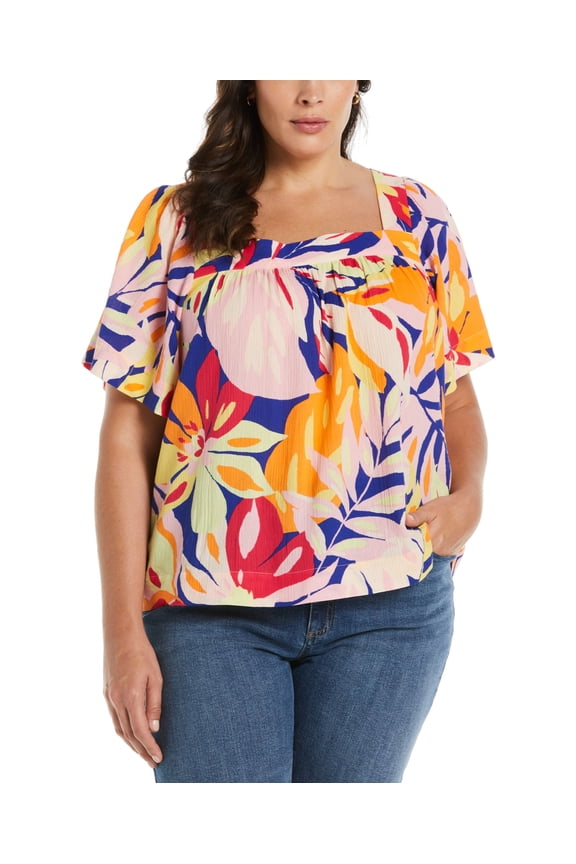 Plus Size Square Neck Flare Sleeve Top Clematis Blue 2X
