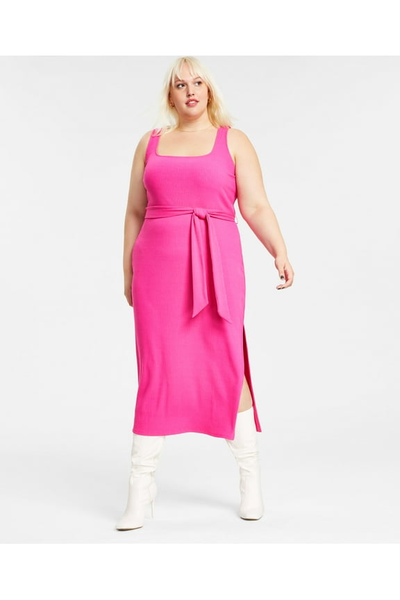 Plus Size Square-Neck Rib-Knit Midi Dress Fuchsia Purple 2X