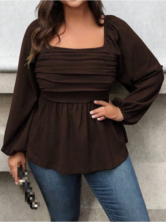 Plus Size Square Neck Ruched Peplum Top for Women, Long Lantern Sleeve Fitted Waist Blouse