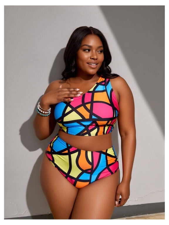 Plus Size Stained Glass Print One-Shoulder High Waisted Bikini Set – Stretchy Polyester Two Piece Swimsuit
