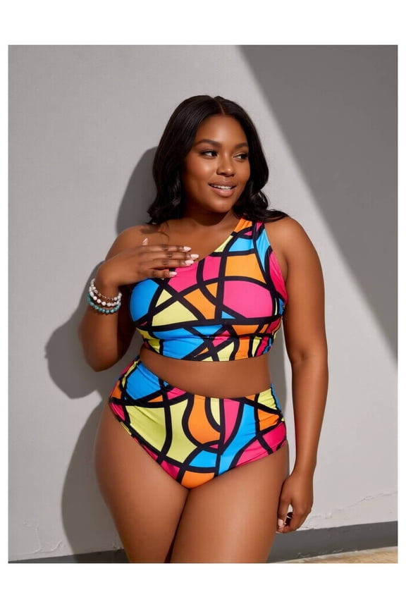 Plus Size Stained Glass Print One-Shoulder High Waisted Bikini Set – Stretchy Polyester Two Piece Swimsuit