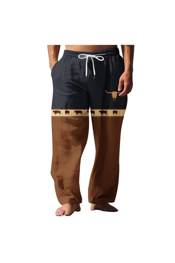 Plus Size Straight Leg Pants for Men Vintage Aztec Printed Beach Pants Color Block Comfy Lounge Trousers for Holiday
