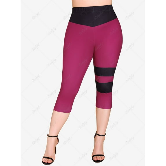 Plus Size Striped Colorblock Capri Leggings