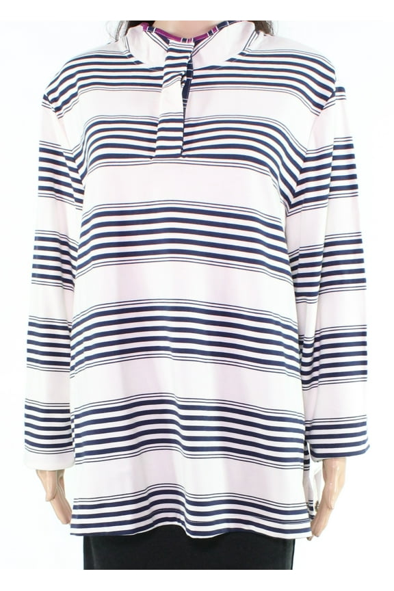 Plus Size Striped French Terry Henley White Cloud Combo Navy/White 2X
