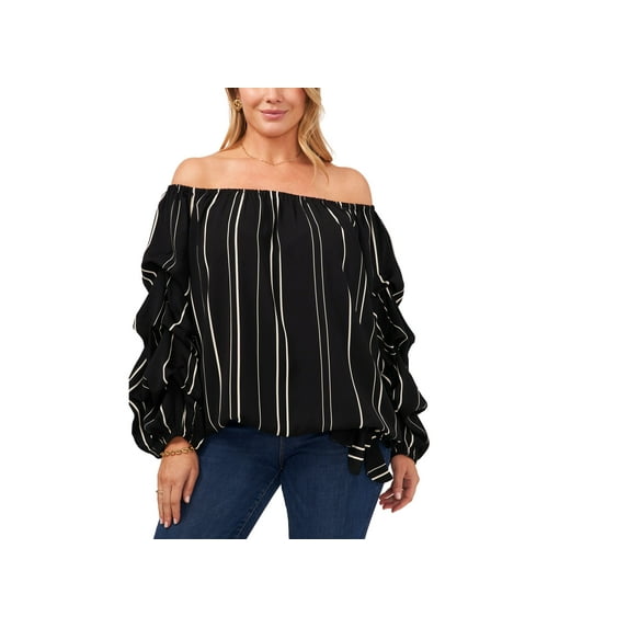 Plus Size Striped Gathered-Sleeve Top Rich Black 1X