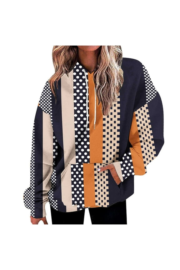 Plus Size Striped Hoodies for Women Drop Shoulder Long Sleeve Drawstring Oversize Fit Pocket Hooded Sweatshirt Tops (XL, Brown)