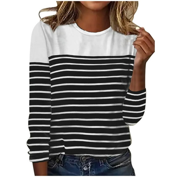 Plus Size Striped Long Sleeve Shirts for Women Trendy Colorblock T-Shirt Casual Crewneck Summer Top