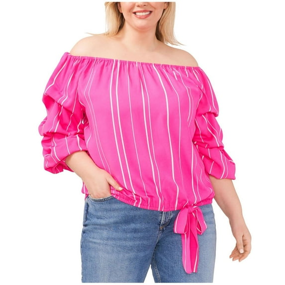 Vince Camuto Womens Sleeve Tie Front Pullover Off the Shoulder Blouse, Pink, Plus Size, 2X