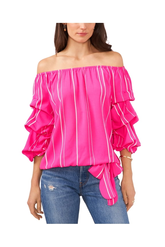 Plus Size Striped Off The Shoulder Bubble Sleeve Tie Front Blouse Hot Pink 3X