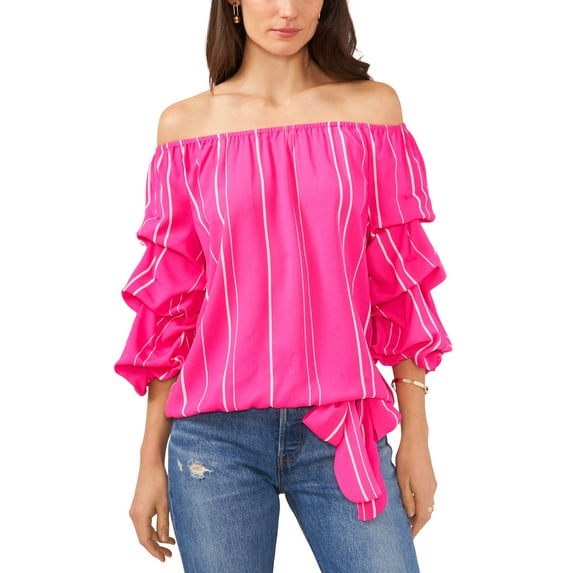 Plus Size Striped Off The Shoulder Bubble Sleeve Tie Front Blouse Hot Pink 3X
