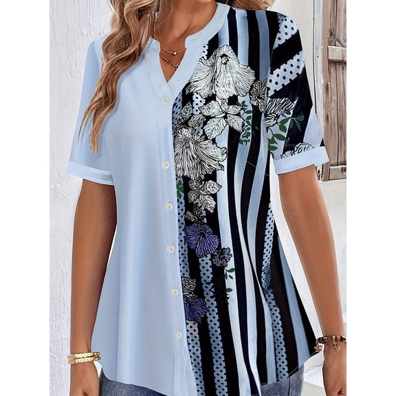 Plus Size Striped Print Blouse, Casual Round Collar Half Sleeve Blouse For Spring, Women's Plus Size Clothing