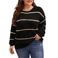 thumbnail image 1 of Plus Size Striped Sweaters Women Loose Fit Warm Knit Crewneck Pullover L-3XL Fall Winter Casual Jumper Tops, Black 2XL, 1 of 8