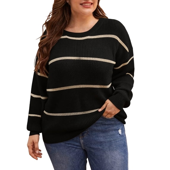 Plus Size Striped Sweaters Women Loose Fit Warm Knit Crewneck Pullover L-3XL Fall Winter Casual Jumper Tops, Black 2XL