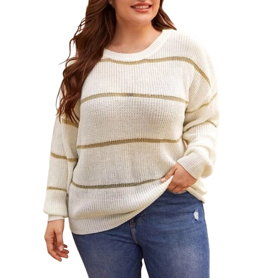Plus Size Striped Sweaters Women Loose Fit Warm Knit Crewneck Pullover L-3XL Fall Winter Casual Jumper Tops