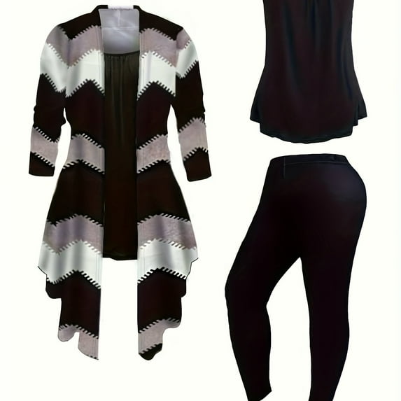 Plus Size Striped Three-piece Set Cami Top + Elastic Waist Pants + Long Sleeve Open Front Coat Outfits Women's Plus Size Clothing