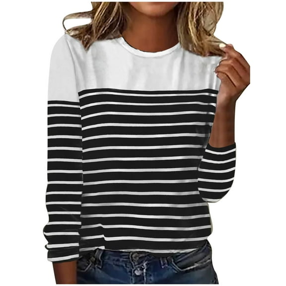 Plus Size Striped Tops Womens Fall Winter Casual Comfy Long Sleeve Crew Neck Lightweight Pullover (XL, White)