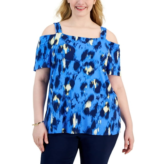 Plus Size Strokes Square-Neck Cold-Shoulder Top Ocean Current Combo S