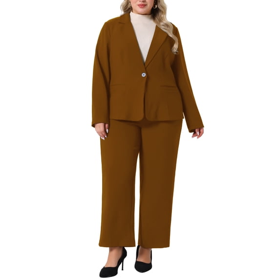 Plus Size Suit Two Piece Outfits for Women Business Office Blazer Jacket and Pants Suit Set 1X Brown