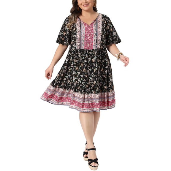 Agnes Orinda Women's Plus Size Boho Floral Dresses Flowy Tie Crew Neck Short Sleeve Summer Beach Casual Midi Sun Dress 3X Black