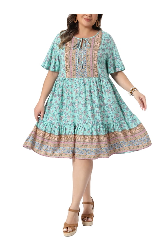 Women's Plus Size Boho Floral Dresses Flowy Tie Crew Neck Short Sleeve Summer Beach Casual Midi Sun Dress 3X Green