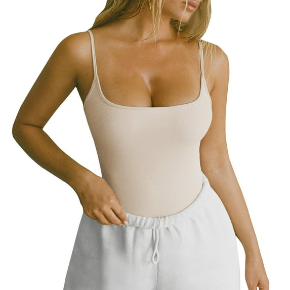 Plus Size Summer Camisole Jumpsuit Outfits, Built In Bra Tank Tops for Women Body Shaper Tummy Control Spaghetti Strap Top Tropical Shirts Hawaiian Shirt Outfits Vacation Beige Xs