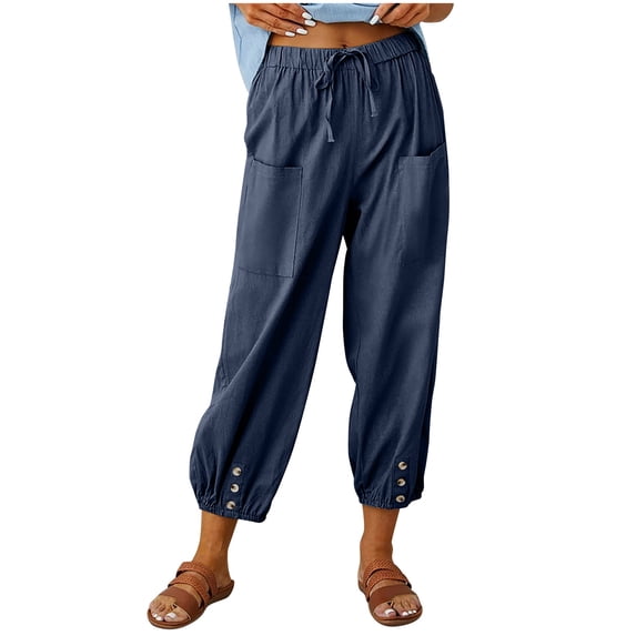 Plus Size Summer Casual Linen Capri Pants for Women Elastic Waist Drawstring Cropped Lounge Trousers with Pockets