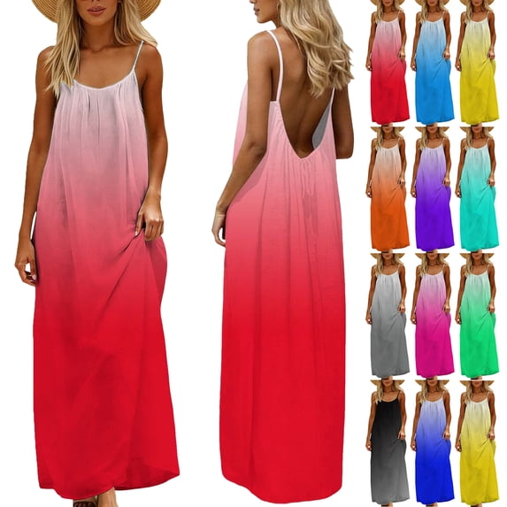Plus Size Summer Casual Sundress Summer Dress for Women Fashion Sleeveless Backless Cami Dresses Spaghetti Strap Flowy Long Sundress Withback Red Xl