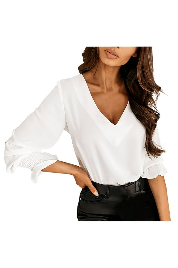 Plus Size Summer Clothes for Women Casual Fashion V-neck Back Splicing Lace Flared Long-sleeved Tops Turtle Top Amazing Choice Womens Tops Sweater Bodysuit Women Light Long Sleeve White L