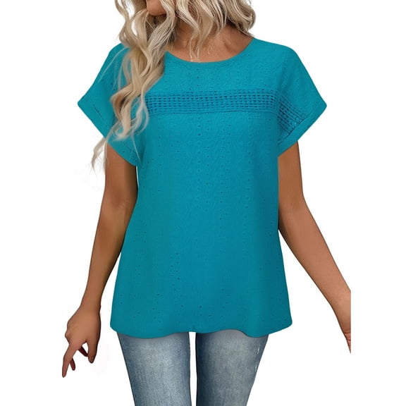 Plus Size Summer Clothes for Women Casual Loose Fit Round Neck Short Sleeve T Shirt Floral Lace Hollow Out Design Comfortable Breathable Top For Daily Wear Vacation Spring Summer Green L