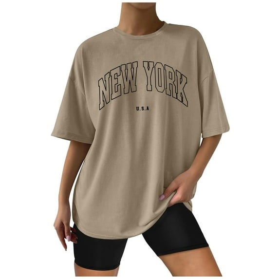Plus Size Summer Clothes for Women Casual Loose Fit Tee With New York Print Fashionable And Comfortable T Shirt Top Womens Tops Long Sleeve plus Size Athletic Ware Women Short Khaki XL