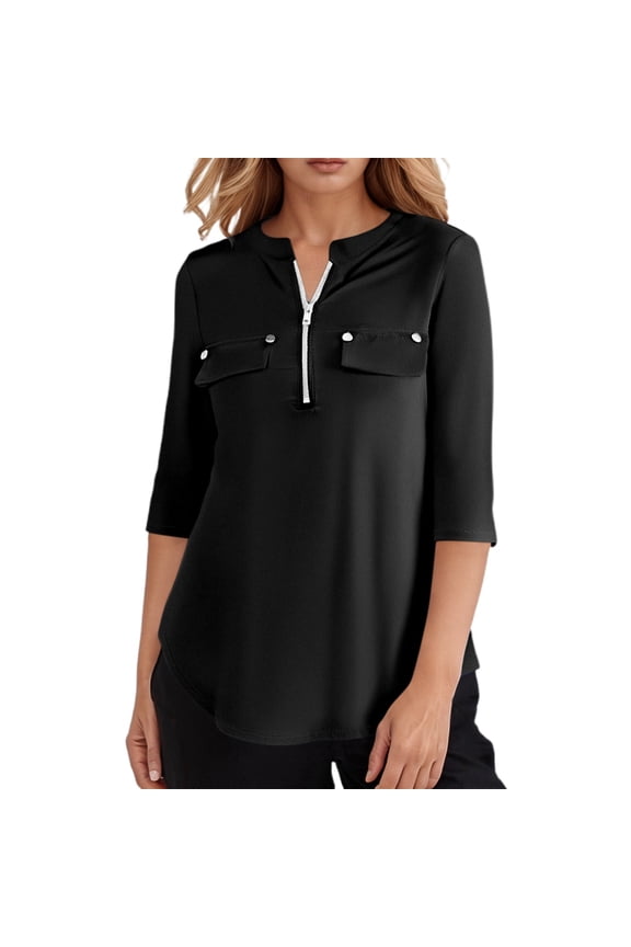 Plus Size Summer Clothes for Women Casual Pocket Zippered 3/ 4 Sleeve T Shirt Stylish And Functional Western Womens Blouse Women S Shirts And Blouses Casual Tees Sleeping Tee Shirts Black M