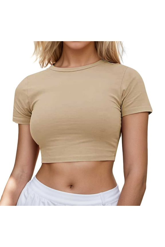Plus Size Summer Clothes for Women Casual Short Sleeve Crop T Shirt Round Neck Basic Solid Top For Spring Summer Everyday Wear Women Extra Long T Shirt Chain Print Sheer Sleeved Beige 3XL