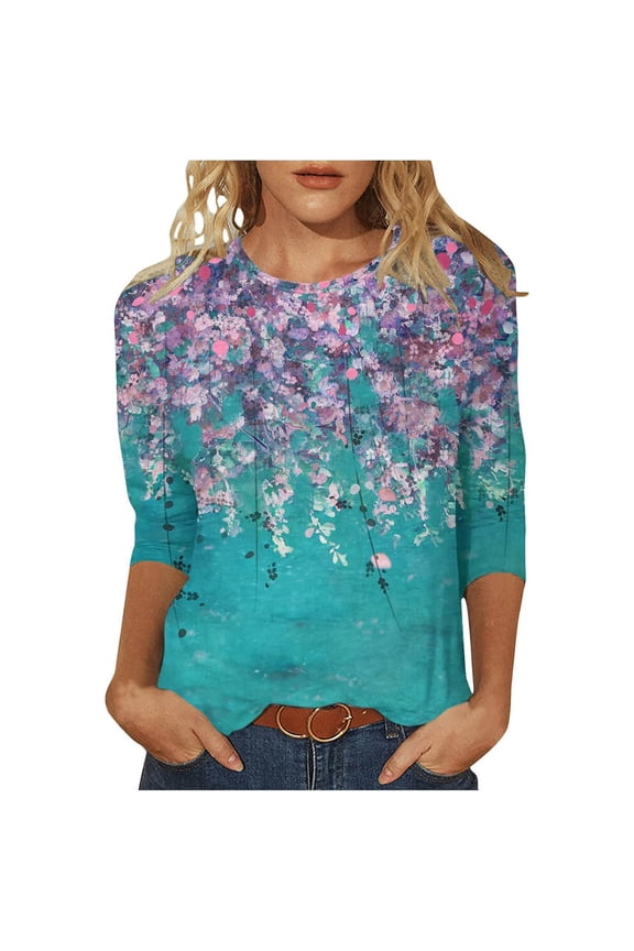 Plus Size Summer Clothes for Women Easter Rabbit Leisure Print Round Neck Oversized 3/ 4 Sleeve Sleeve T Shirt Top Casual Tops for Women Long Solid Color Button Shirt Spandex Long T Sky Blue 4XL