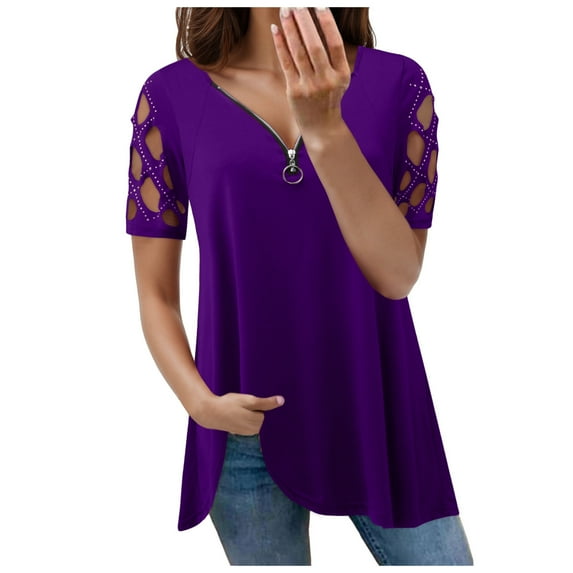 Plus Size Summer Clothes for Women Fashion Round Neck Short Sleeved Printed T Shirt Top Fitted Long Sleeve Shirt Long Sleeve Women Tees Athletic Shirts Tight Fit 2x Dressy Shirts Purple M