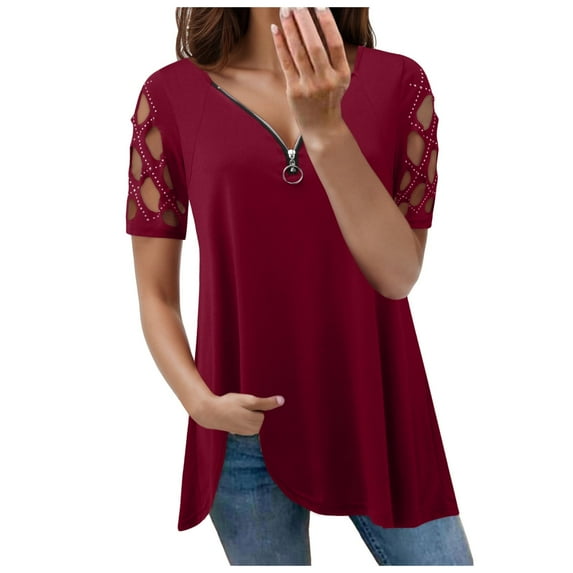 Plus Size Summer Clothes for Women Fashion Round Neck Short Sleeved Printed T Shirt Top Fitted Long Sleeve Shirt Long Sleeve Women Tees Athletic Shirts Tight Fit 2x Dressy Shirts Red L