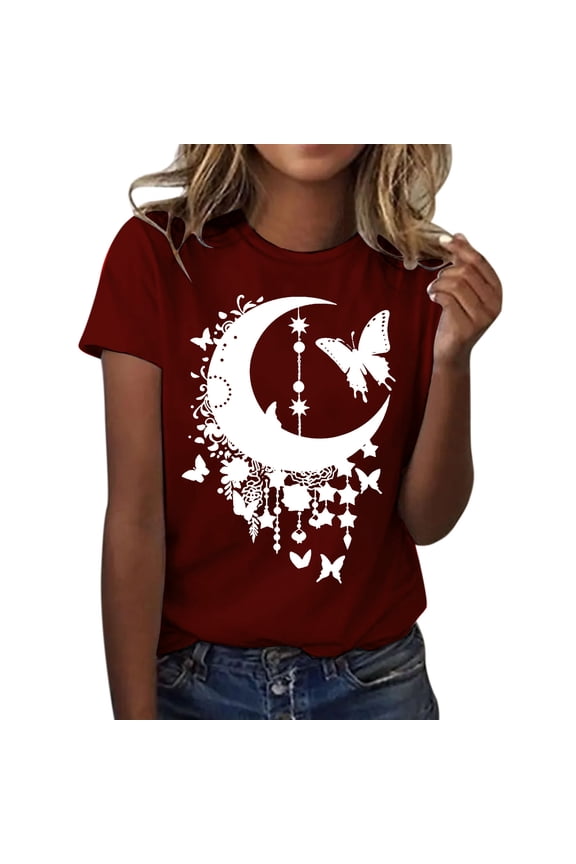 Plus Size Summer Clothes for Women Fashionable Moon Printed Round Neck Short Sleeved Sports Casual T Shirt Flannel Women Oversized Womens Tech Stretch Shirts V Neck Sweatshirt V XL
